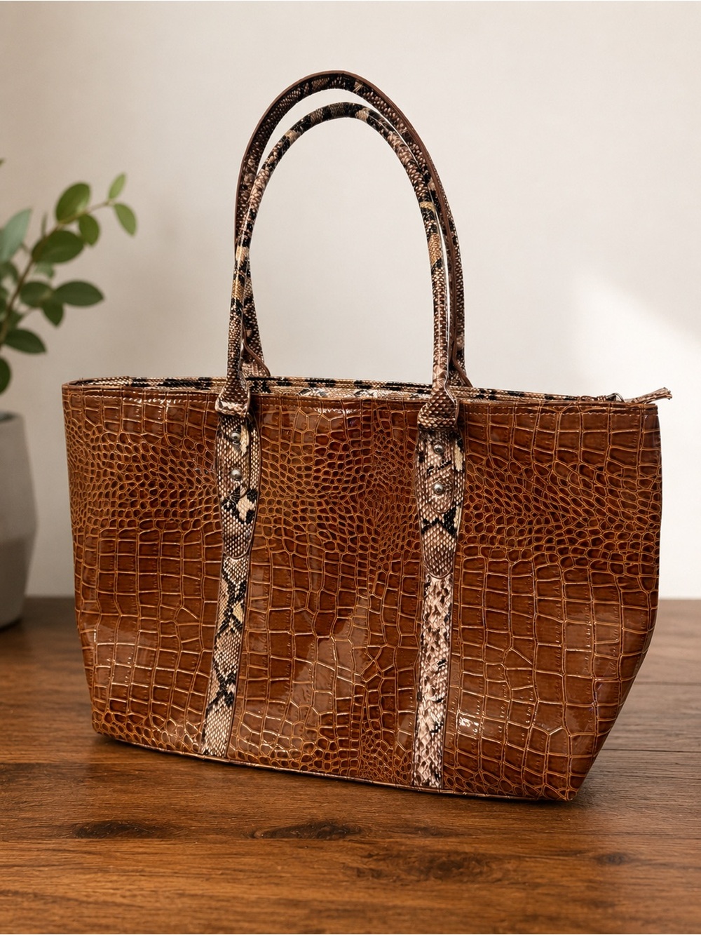 Brown Croc-Embossed Leather Tote with Snake-Print Handles